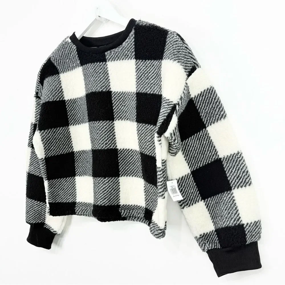 Old Navy Girls Black White Buffalo Plaid Cozy Pullover Sherpa Fleece NEW